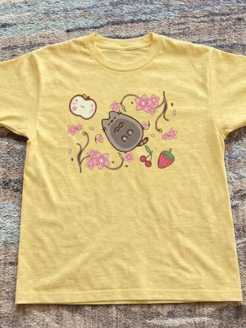 Gildan Yellow Tee with Cute Fruit & Cat Graphic